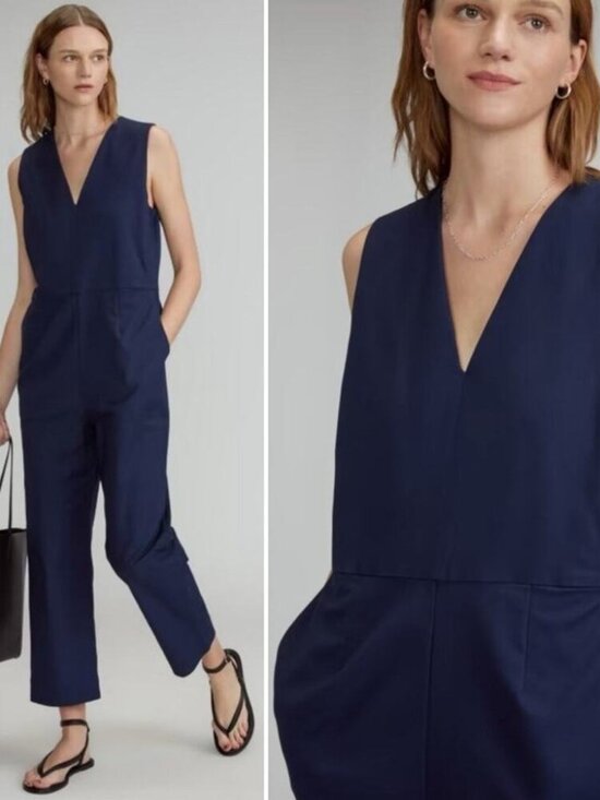Everlane Pants - Everlane | Navy Structured Cotton Jumpsuit Sleeveless V-Neck Slim Fit Size 4